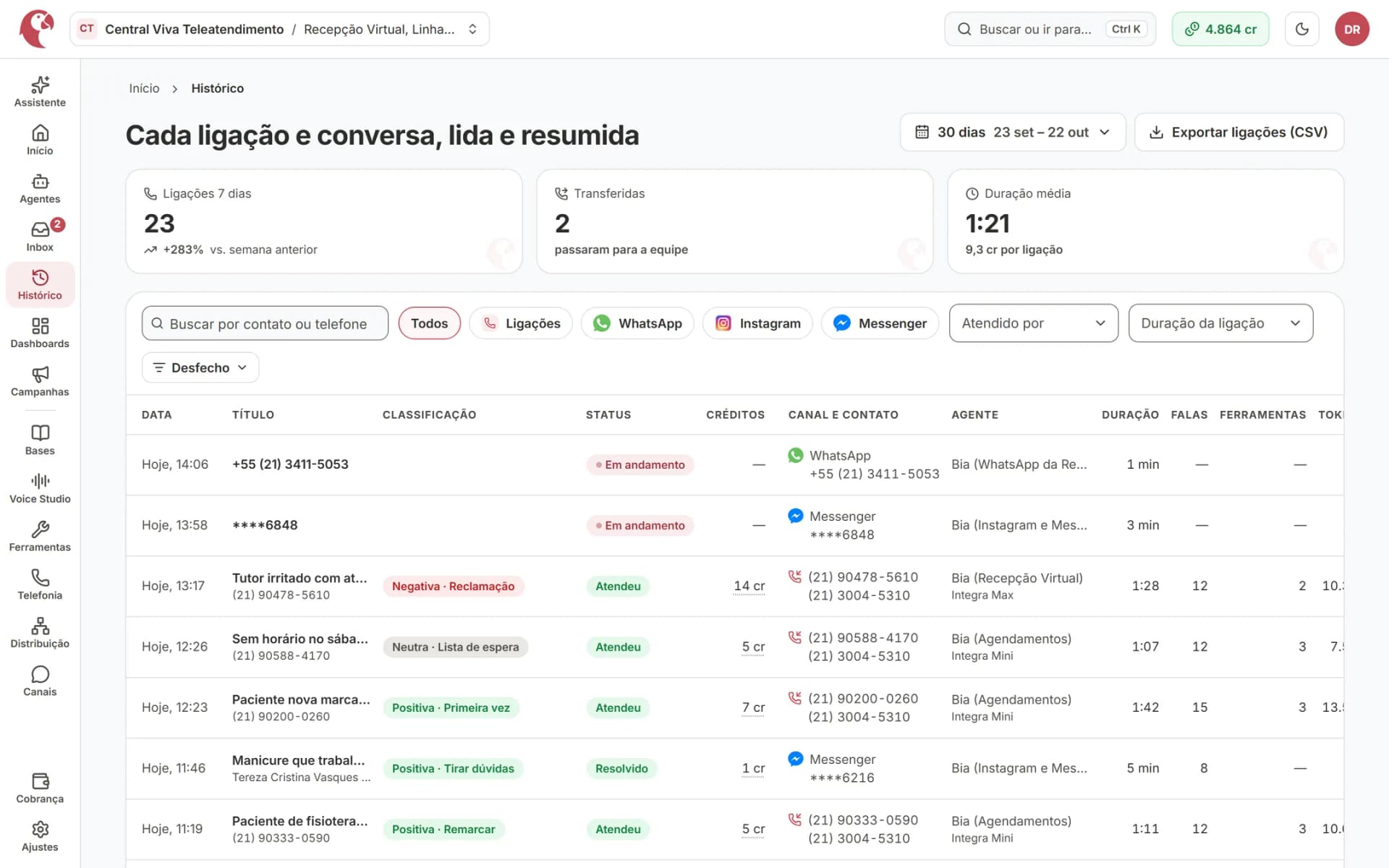 Ligações e conversas no mesmo histórico
