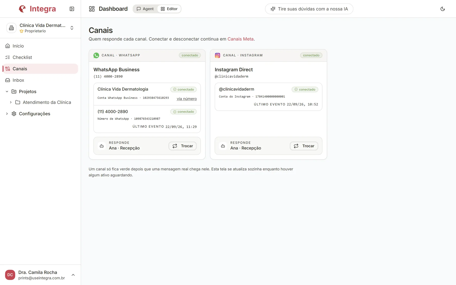 Instagram Direct e WhatsApp conectados na Integra