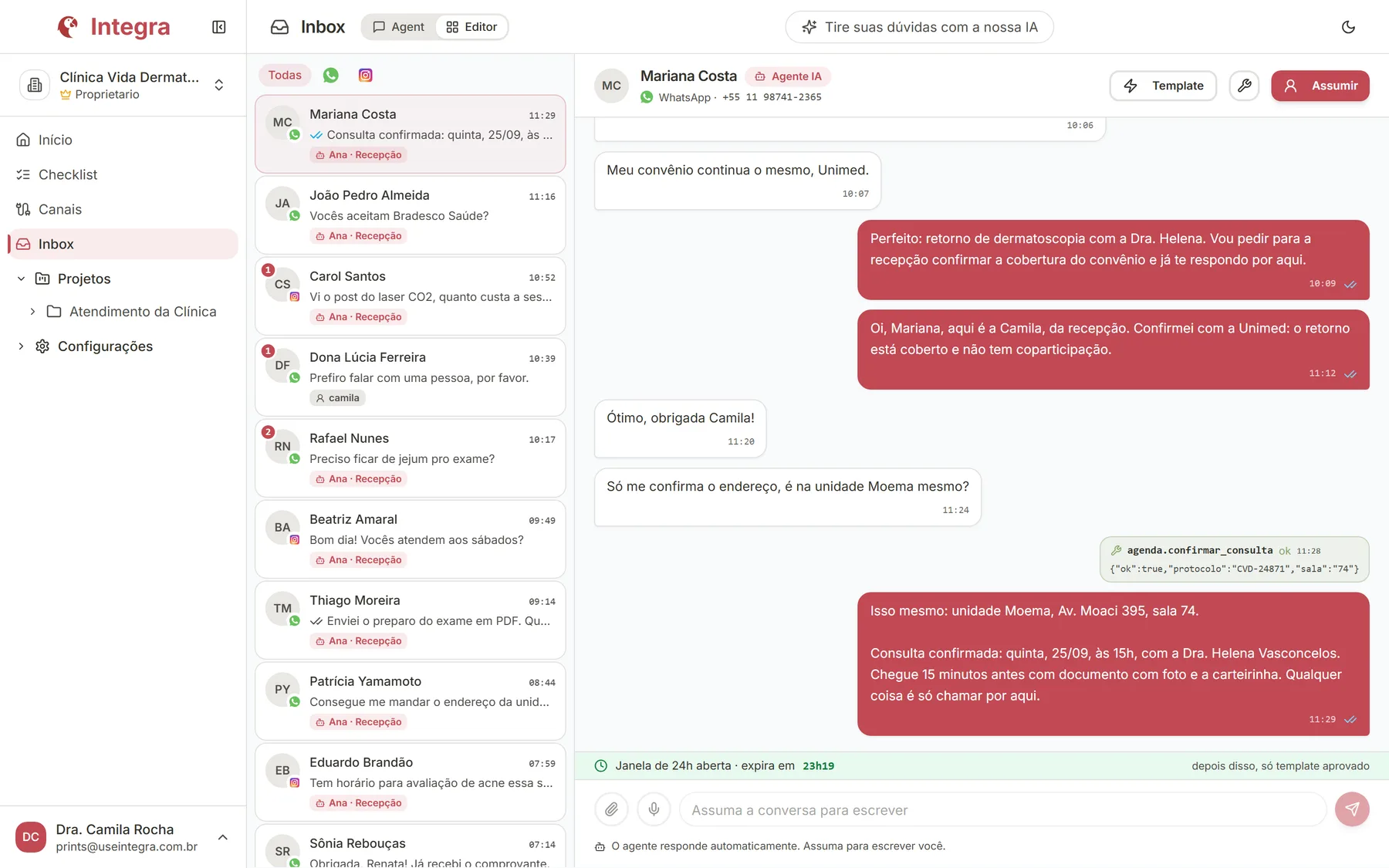 Inbox da Integra com conversas do Instagram e do WhatsApp