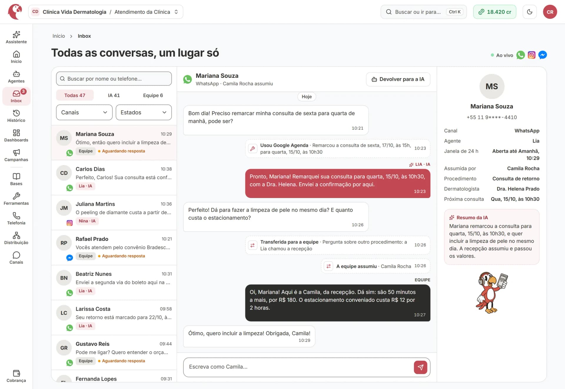 Inbox da Integra com consulta confirmada pelo agente