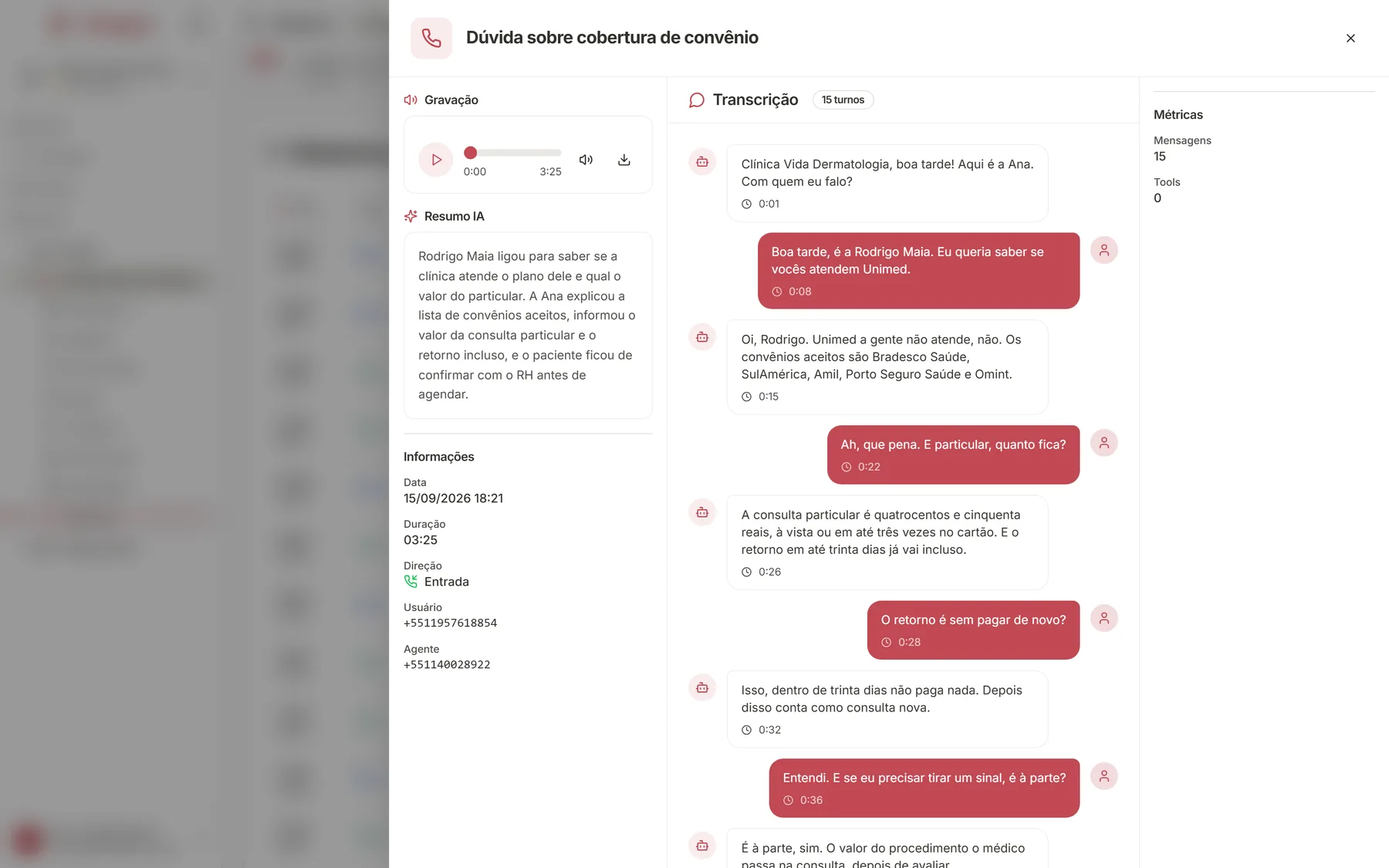 Detalhe da ligação: gravação, resumo por IA e transcrição