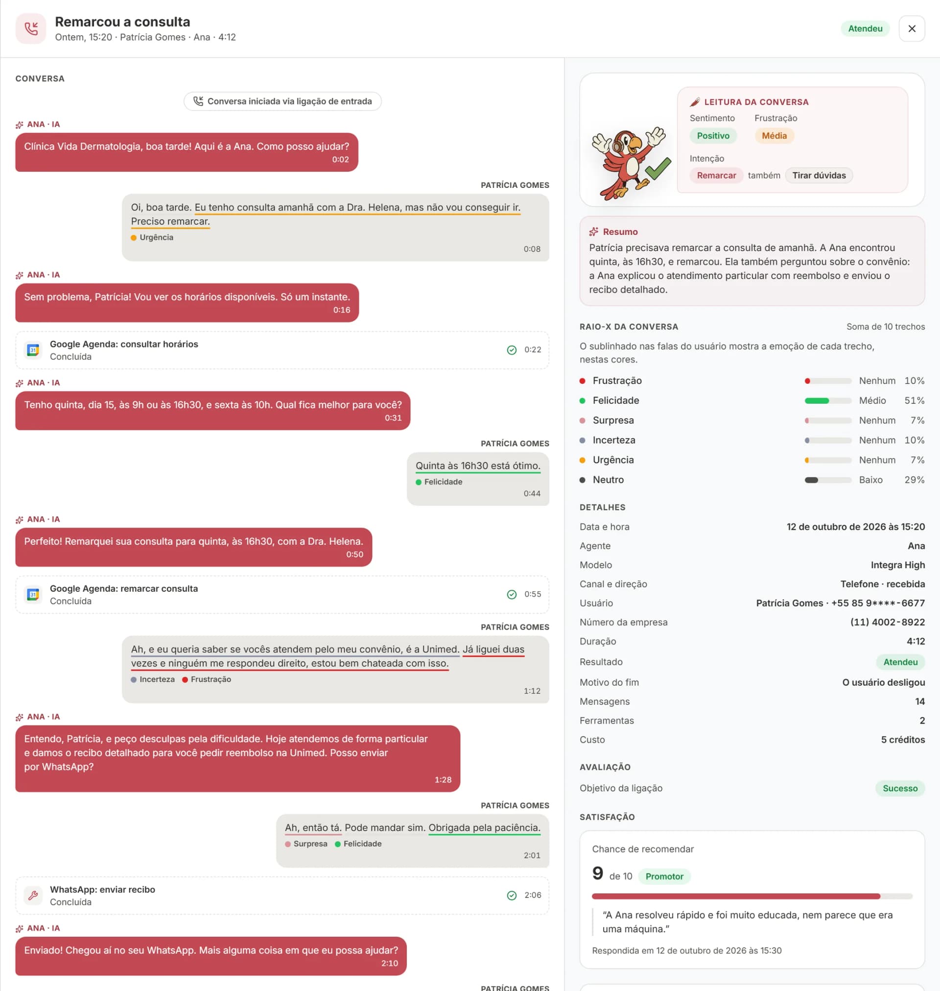 Detalhe da ligação com o Raio-X: resultado, intenção, emoção por trecho, resumo e transcrição