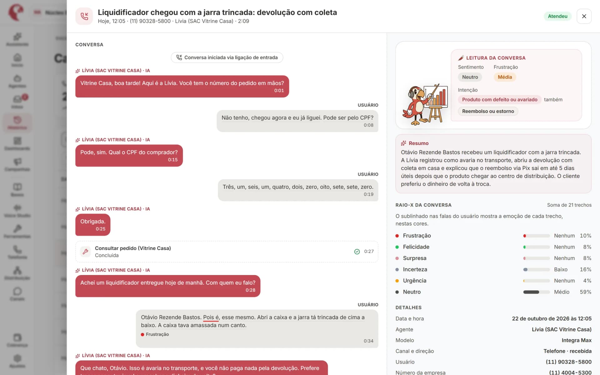 Detalhe da ligação com o Raio-X: resultado, intenção, emoção por trecho, resumo e transcrição