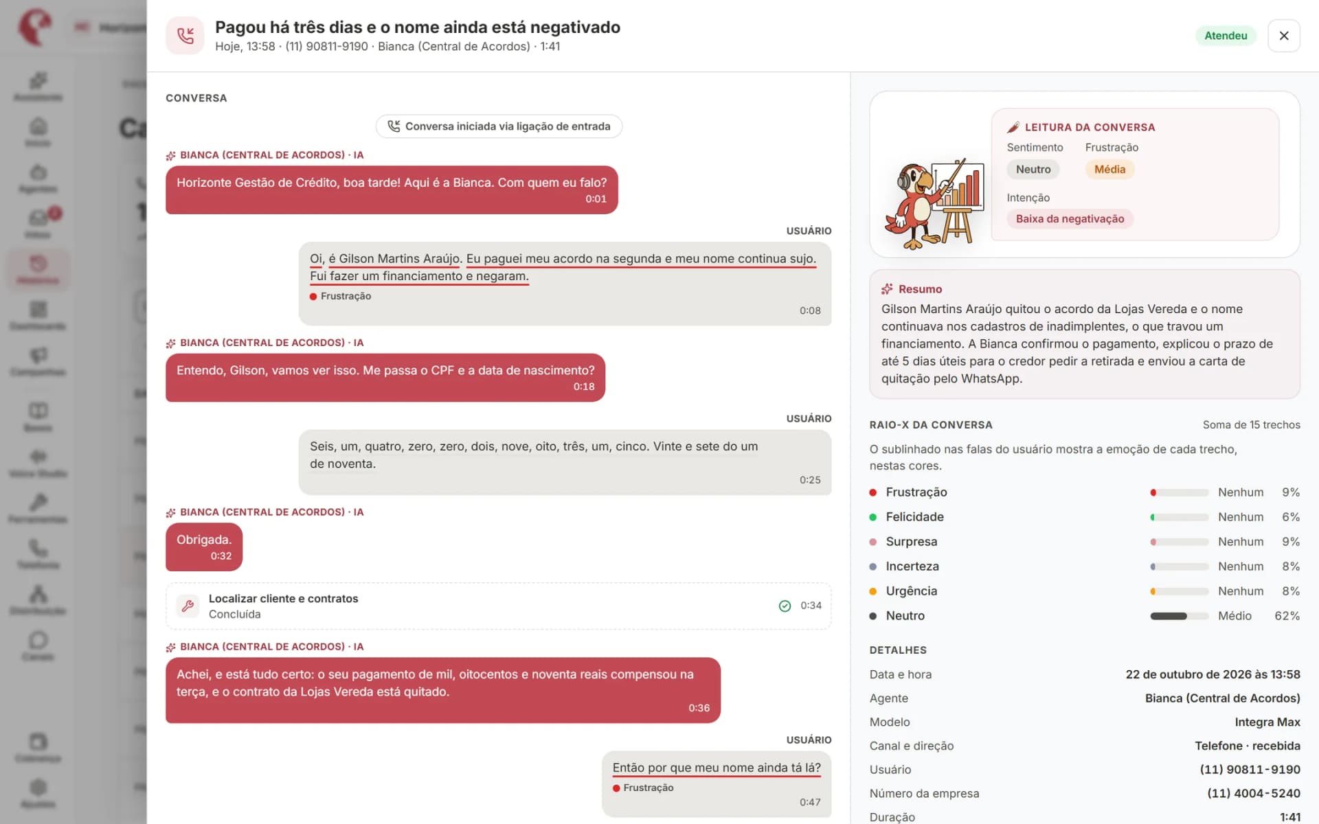 Detalhe da ligação com o Raio-X: resultado, intenção, emoção por trecho, resumo e transcrição