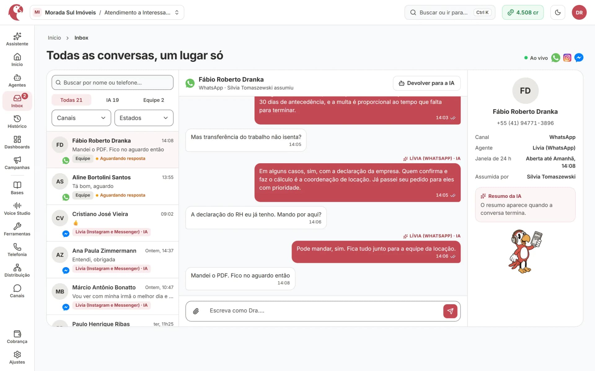 Inbox da imobiliária com conversas de interessados e inquilinos atendidas pelo agente