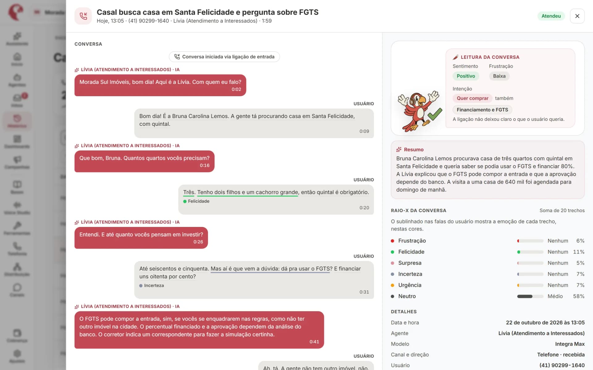 Detalhe da ligação com o Raio-X: resultado, intenção, emoção por trecho, resumo e transcrição