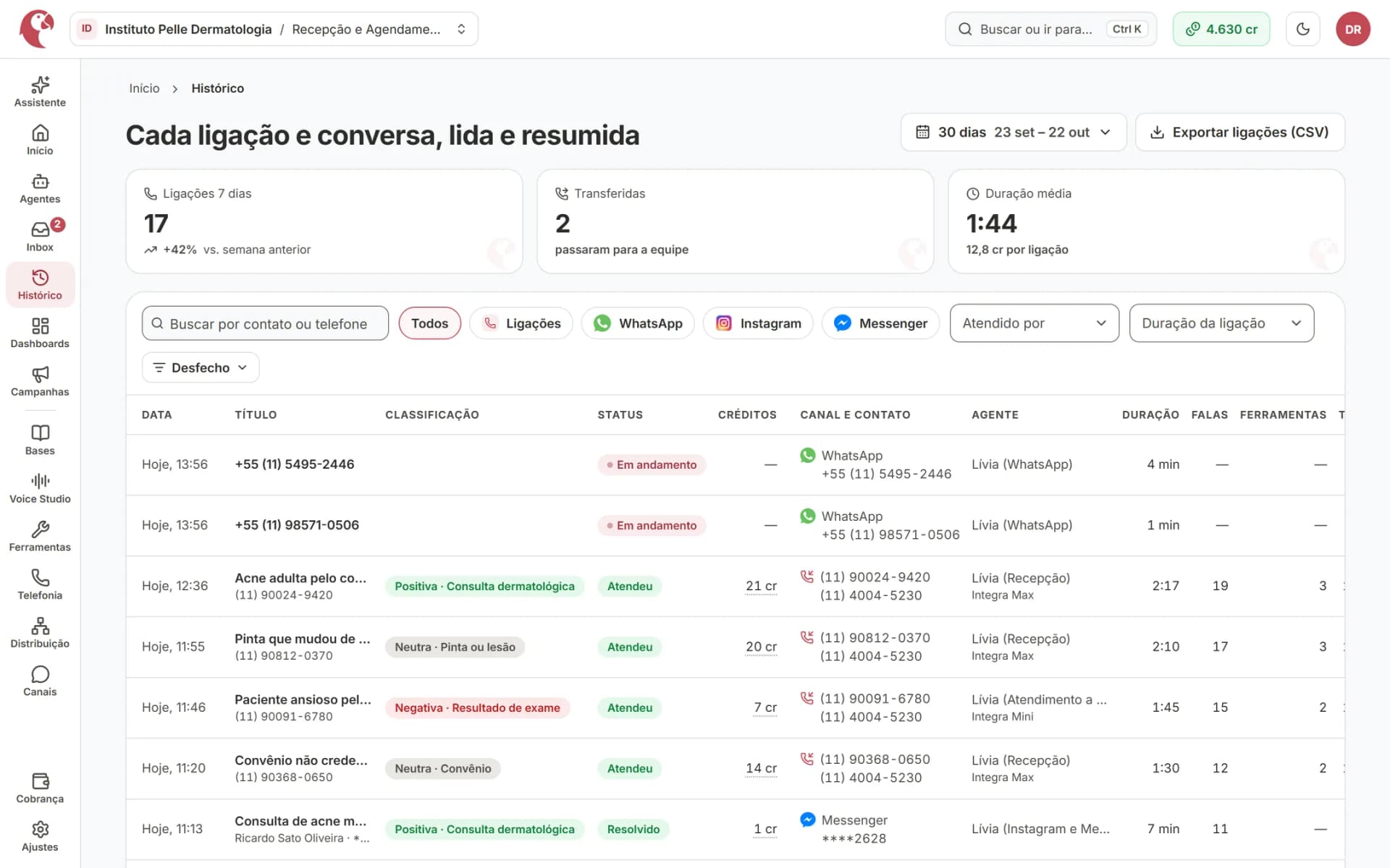 Ligações e conversas no mesmo histórico