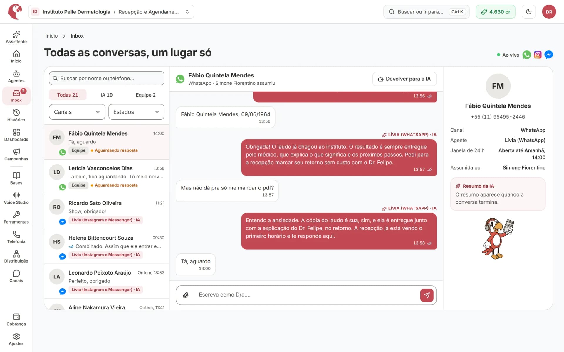 Inbox da clínica com conversas de pacientes atendidas pelo agente