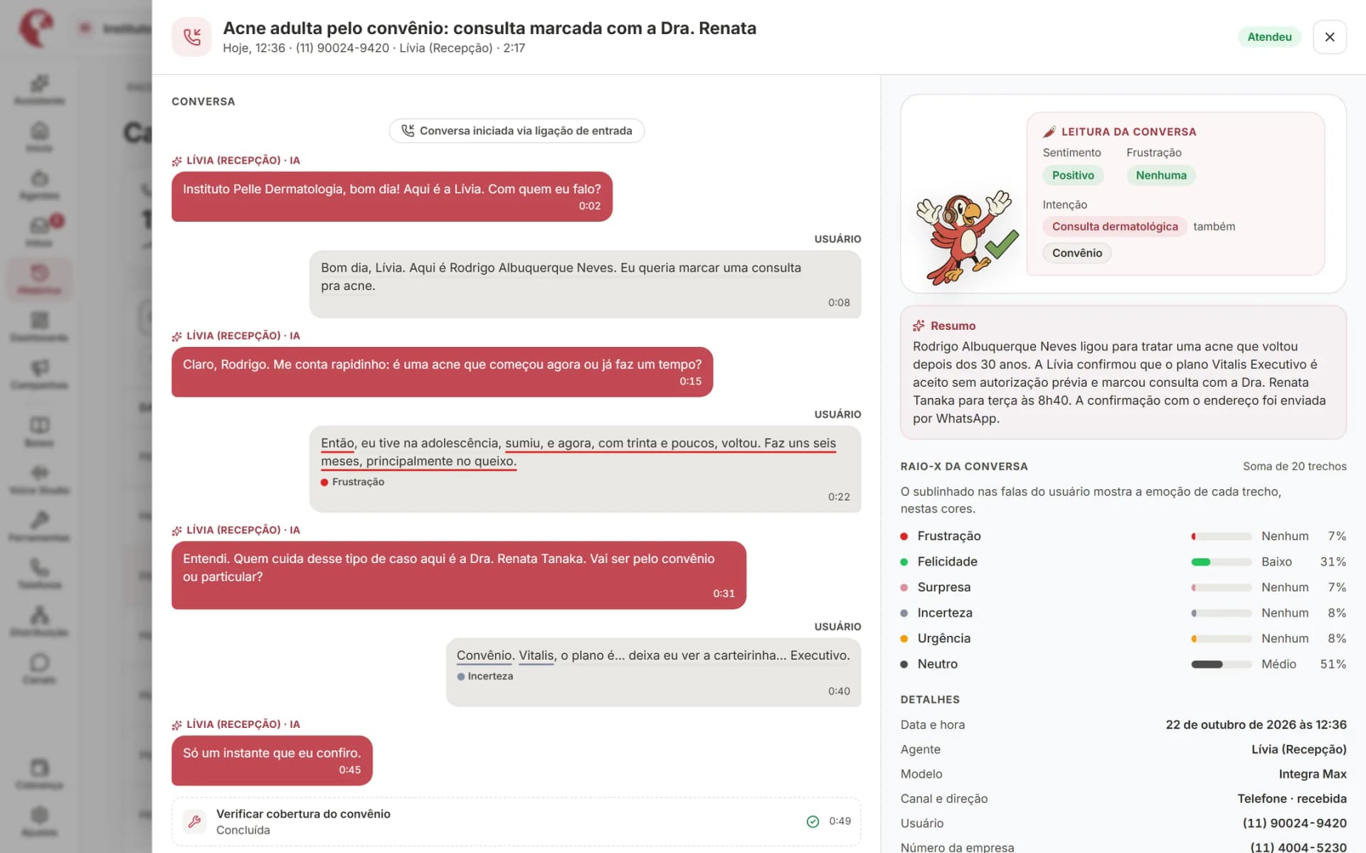 Detalhe da ligação com o Raio-X: resultado, intenção, emoção por trecho, resumo e transcrição