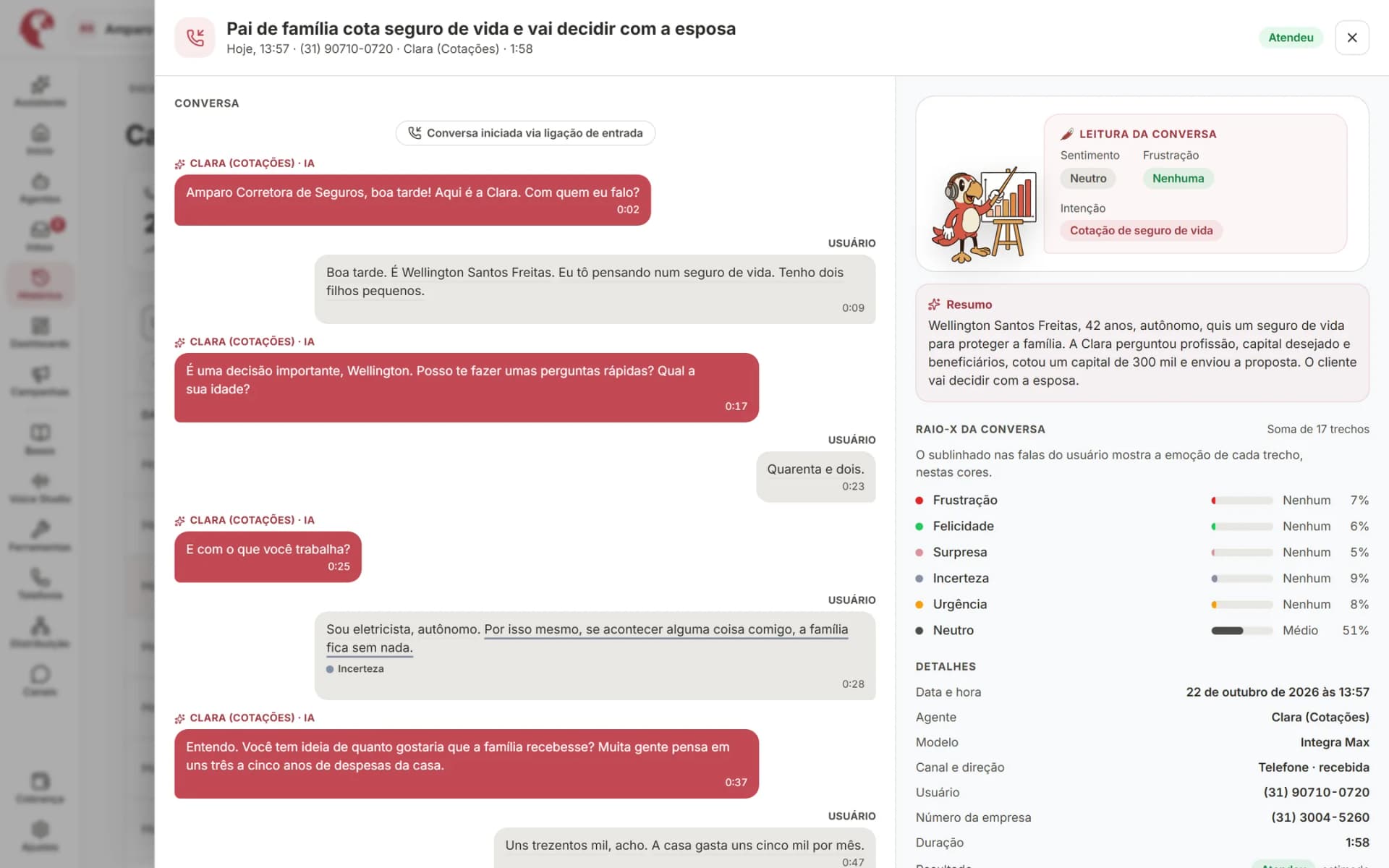 Detalhe da ligação com o Raio-X: resultado, intenção, emoção por trecho, resumo e transcrição