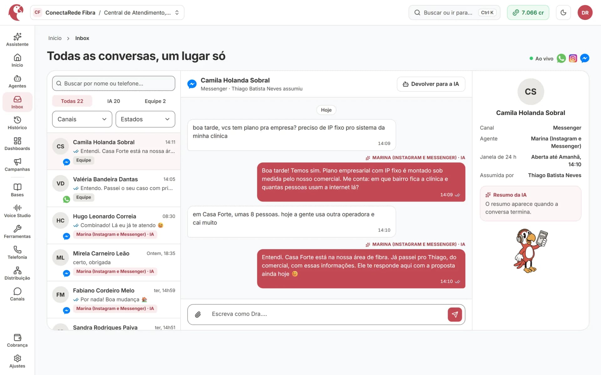 Inbox do provedor de internet com conversas de clientes atendidas pelo agente