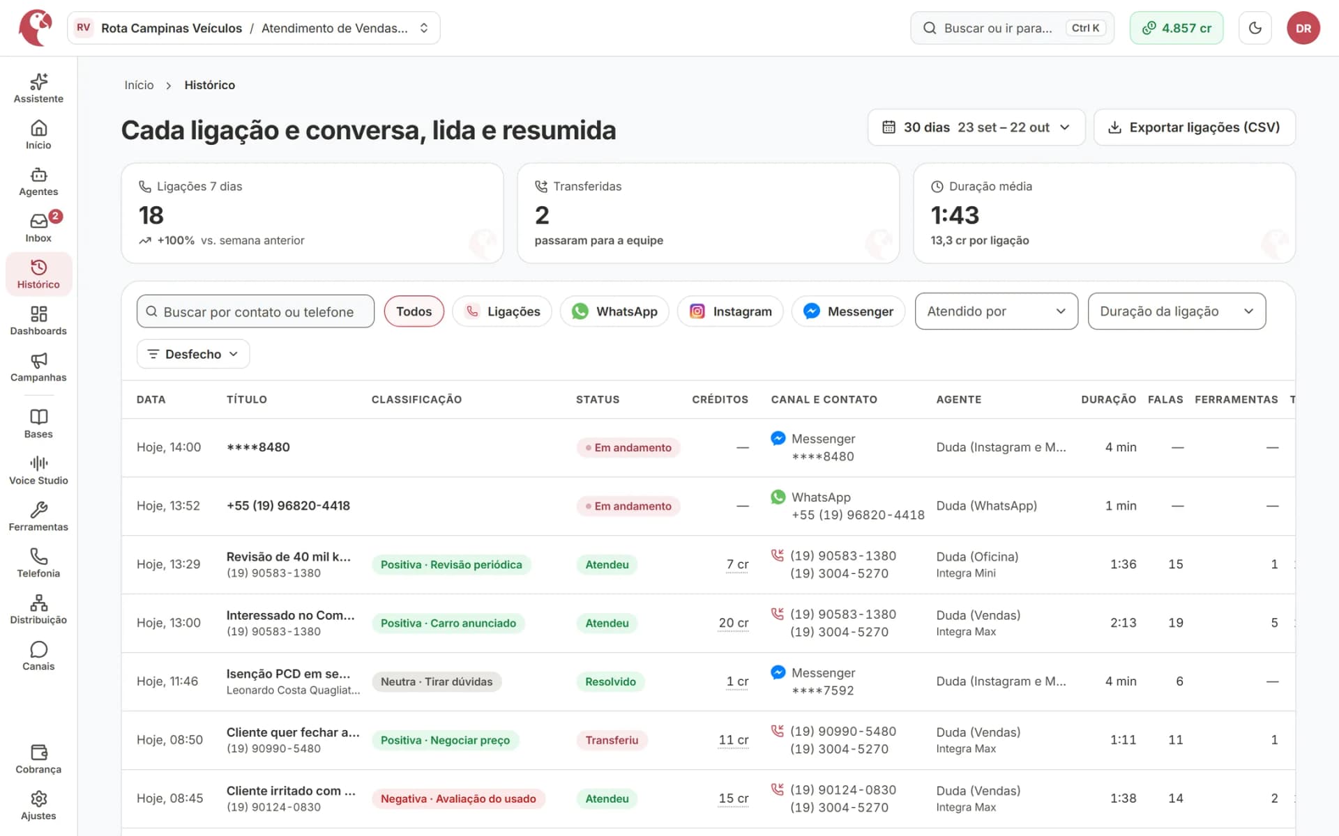 Ligações e conversas no mesmo histórico