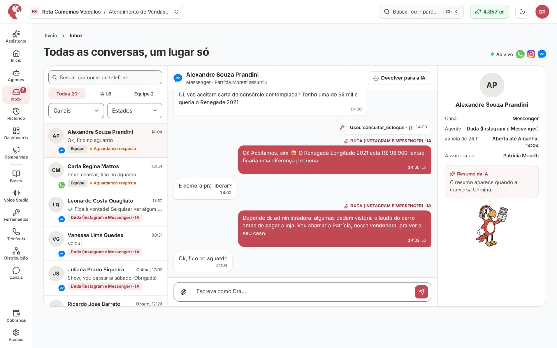 Inbox da concessionária com conversas de interessados atendidas pelo agente