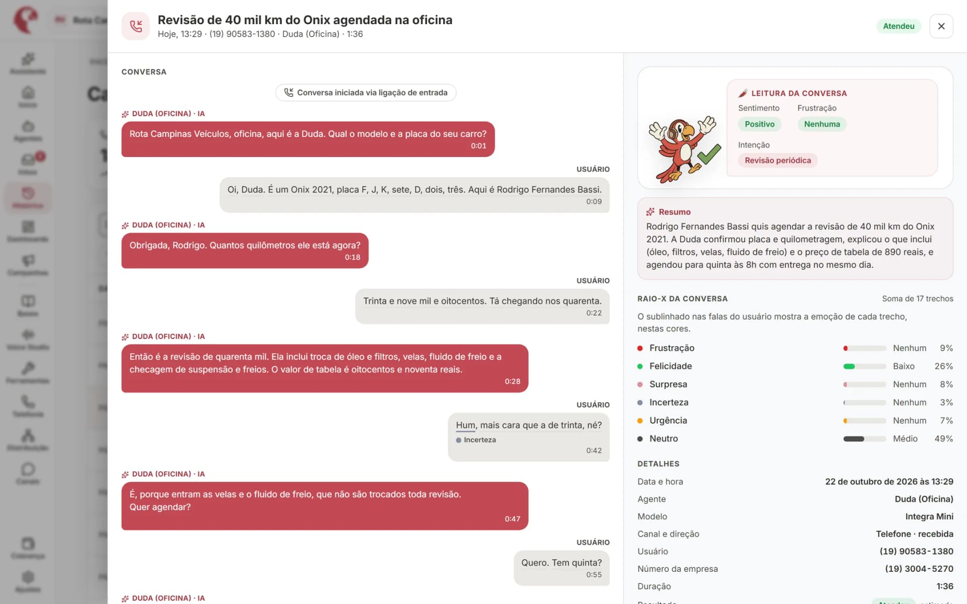 Detalhe da ligação com o Raio-X: resultado, intenção, emoção por trecho, resumo e transcrição