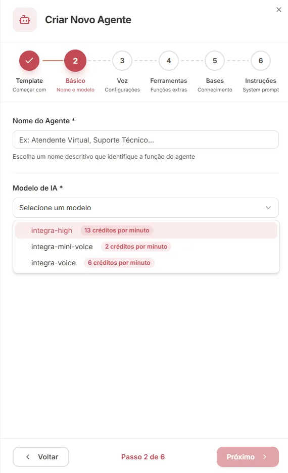 Passo 2: Nome e modelo de IA
